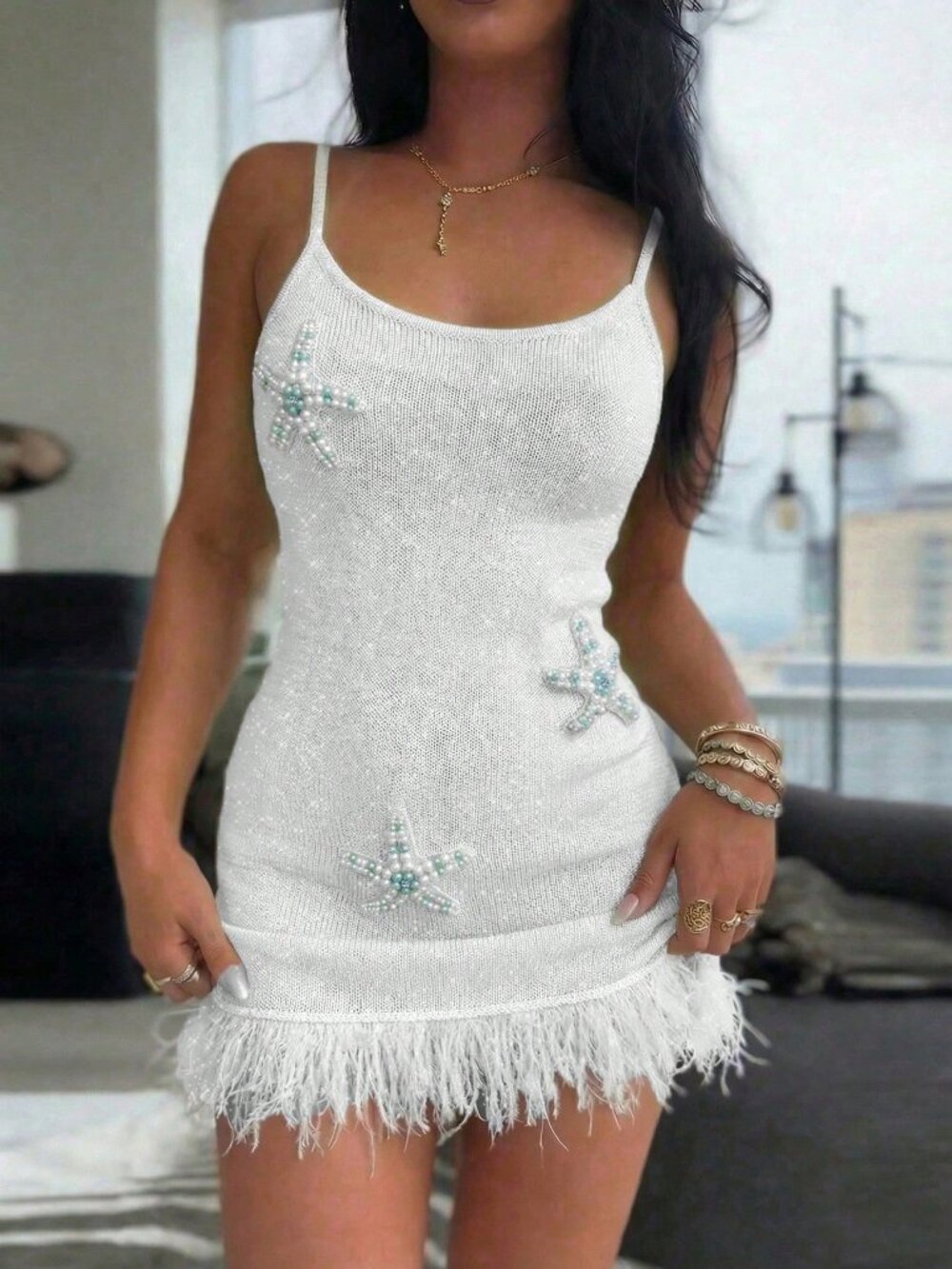 White Casual Women's Spaghetti Strap Starfish Mini Dress with Tassel Hem - Picture 8 of 8